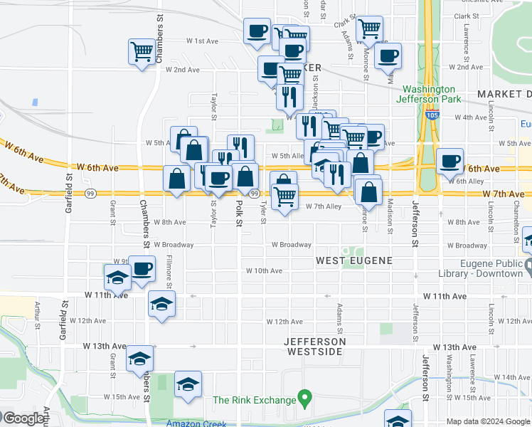 map of restaurants, bars, coffee shops, grocery stores, and more near 1190 West 7th Avenue in Eugene