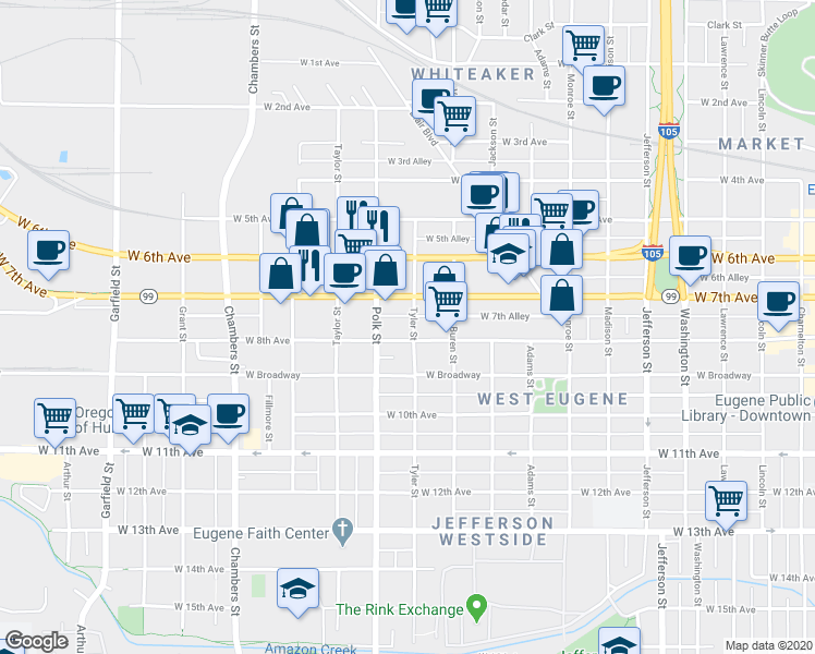 map of restaurants, bars, coffee shops, grocery stores, and more near 1190 West 7th Avenue in Eugene