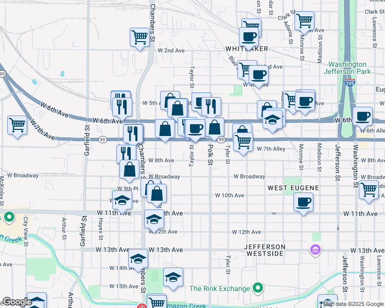 map of restaurants, bars, coffee shops, grocery stores, and more near 1410 West 7th Avenue in Eugene
