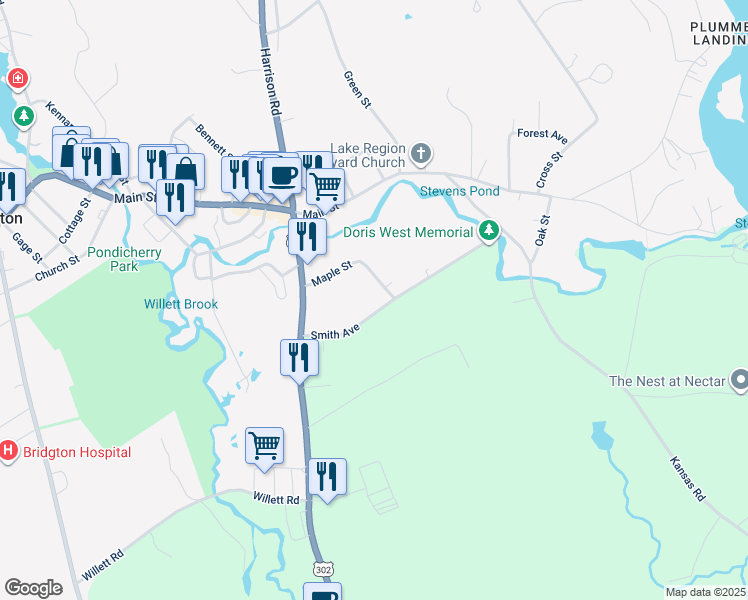map of restaurants, bars, coffee shops, grocery stores, and more near 9 Maple Street in Bridgton