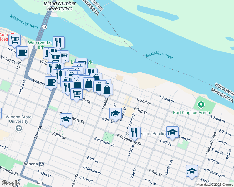map of restaurants, bars, coffee shops, grocery stores, and more near 226 East 2nd Street in Winona