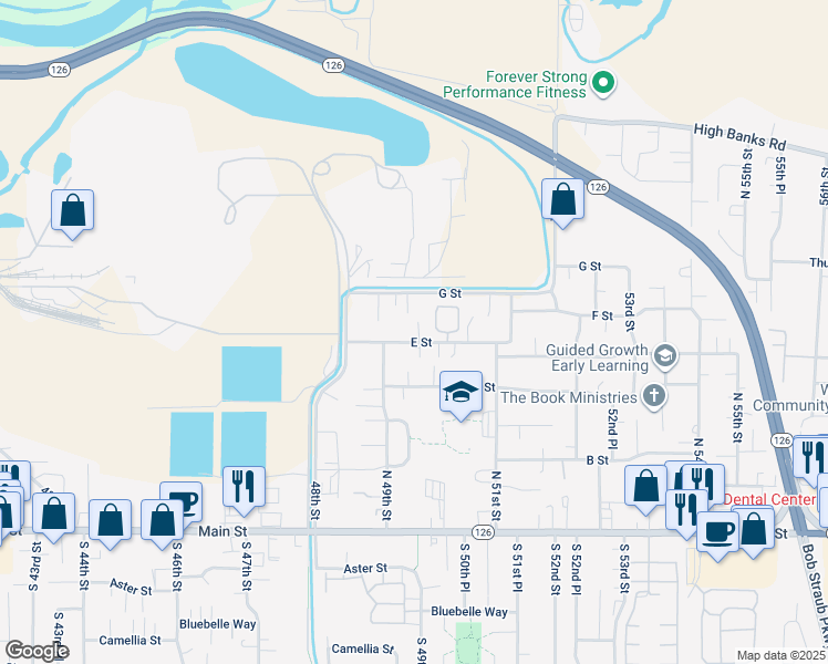 map of restaurants, bars, coffee shops, grocery stores, and more near 4954 E Street in Springfield