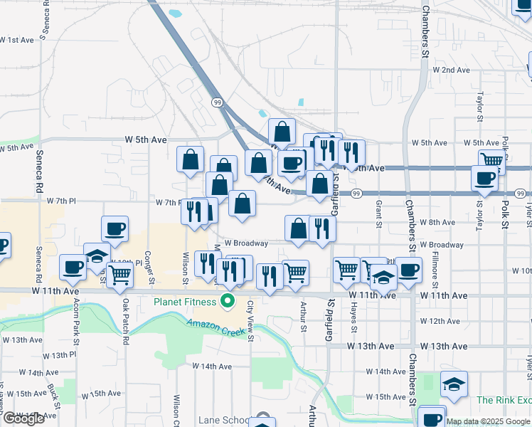 map of restaurants, bars, coffee shops, grocery stores, and more near 2177 W 7th Pl in Eugene