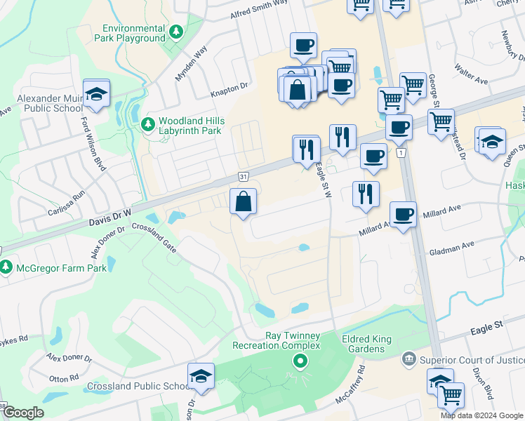 map of restaurants, bars, coffee shops, grocery stores, and more near 187 John Bowser Crescent in Newmarket