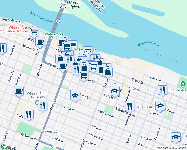 map of restaurants, bars, coffee shops, grocery stores, and more near 114 Walnut Street in Winona