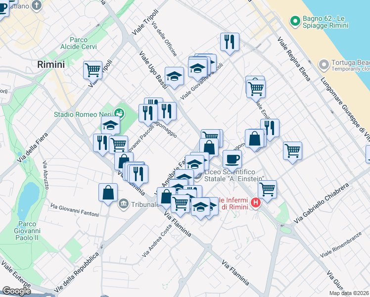map of restaurants, bars, coffee shops, grocery stores, and more near 2 Via Giuseppe Bandi in Rimini