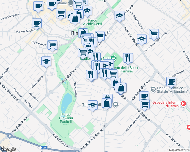 map of restaurants, bars, coffee shops, grocery stores, and more near 2-10 Via IX Febbraio 1849 in Rimini