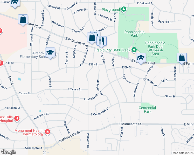 map of restaurants, bars, coffee shops, grocery stores, and more near 3511 Michigan Avenue in Rapid City