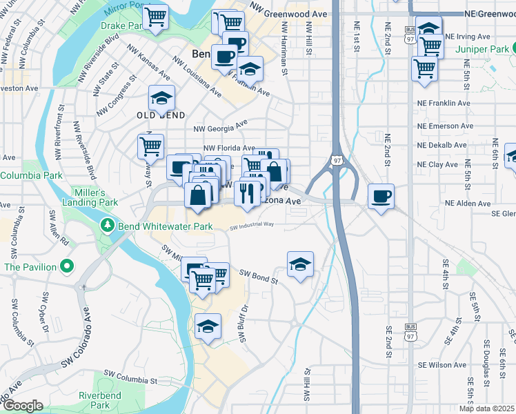 map of restaurants, bars, coffee shops, grocery stores, and more near 310 Southwest Industrial Way in Bend