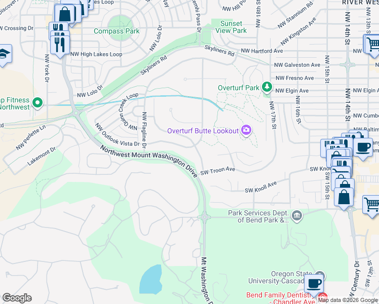 map of restaurants, bars, coffee shops, grocery stores, and more near 108 Northwest Phils Loop in Bend