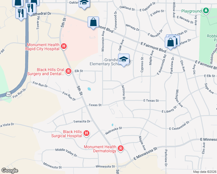 map of restaurants, bars, coffee shops, grocery stores, and more near 3309 Arizona Street in Rapid City