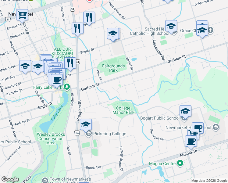 map of restaurants, bars, coffee shops, grocery stores, and more near 685 Allan Avenue in Newmarket