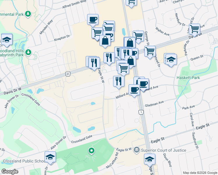 map of restaurants, bars, coffee shops, grocery stores, and more near 1 Eves Court in Newmarket
