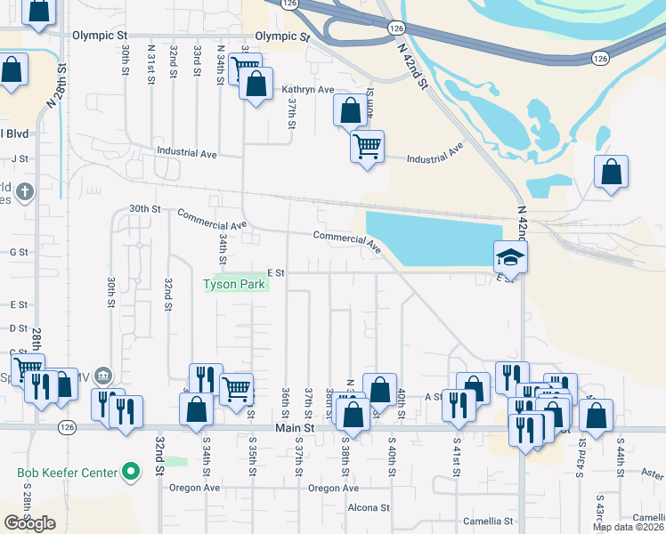 map of restaurants, bars, coffee shops, grocery stores, and more near 3716 E Street in Springfield