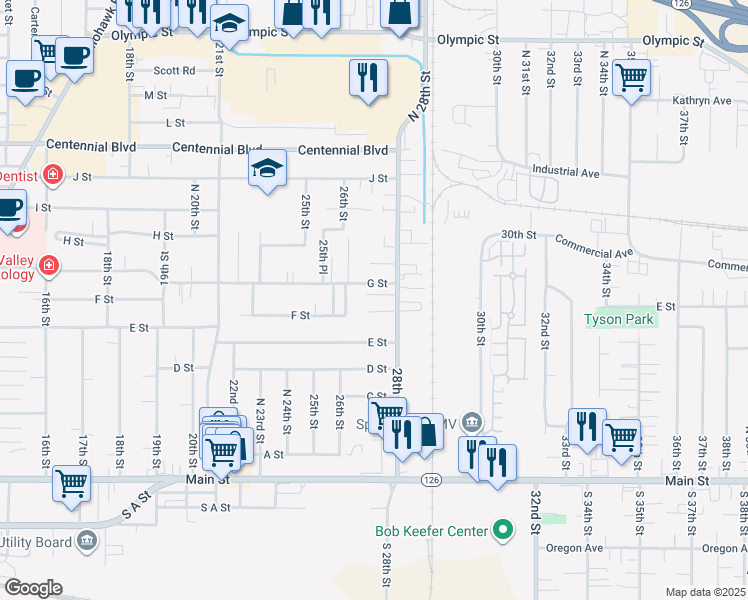 map of restaurants, bars, coffee shops, grocery stores, and more near 2706 G Street in Springfield