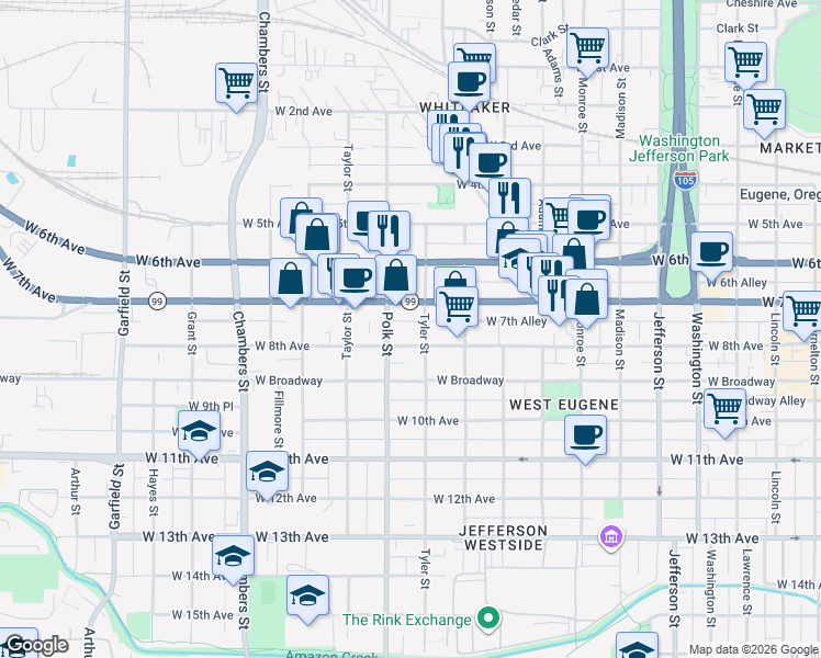 map of restaurants, bars, coffee shops, grocery stores, and more near 1190 West 7th Avenue in Eugene