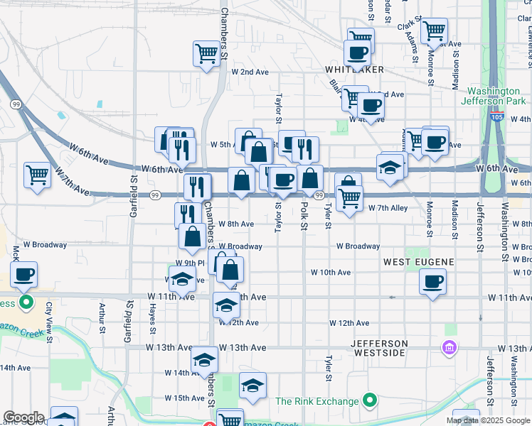map of restaurants, bars, coffee shops, grocery stores, and more near 1488 West 7th Avenue in Eugene