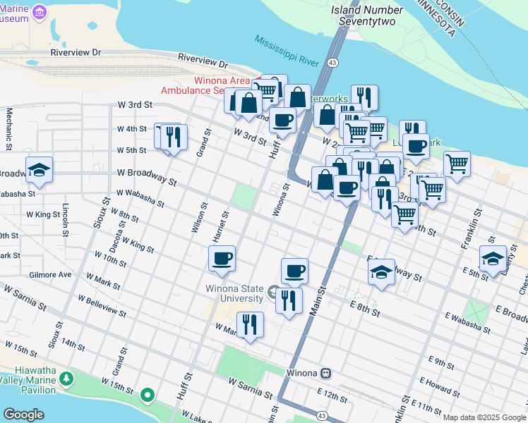 map of restaurants, bars, coffee shops, grocery stores, and more near 254 Huff Street in Winona