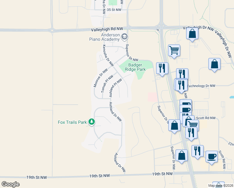 map of restaurants, bars, coffee shops, grocery stores, and more near 2764 Ashland Place Northwest in Rochester