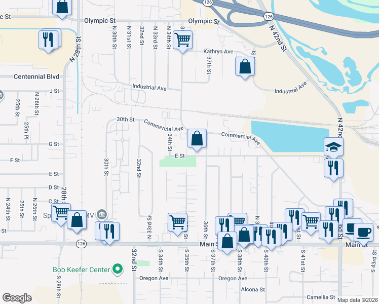 map of restaurants, bars, coffee shops, grocery stores, and more near 3550 E Street in Springfield