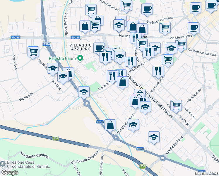 map of restaurants, bars, coffee shops, grocery stores, and more near 2 Via Aldo Moro in Rimini