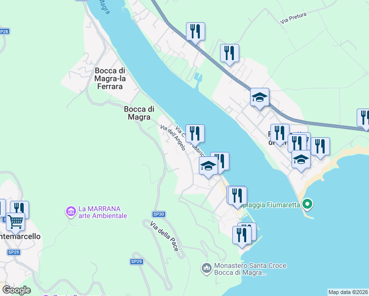 map of restaurants, bars, coffee shops, grocery stores, and more near 38 Via dell'Angelo in Bocca di Magra