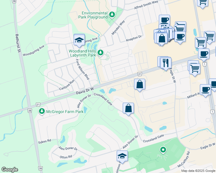 map of restaurants, bars, coffee shops, grocery stores, and more near 167 Harding Park Street in Newmarket