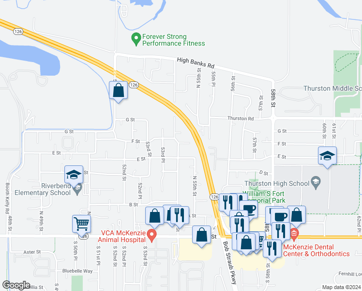 map of restaurants, bars, coffee shops, grocery stores, and more near 643 54th Street in Springfield