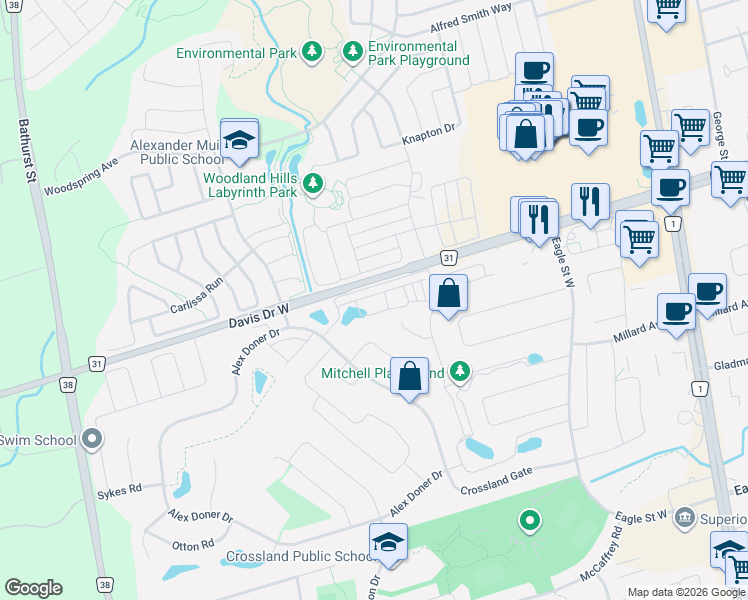 map of restaurants, bars, coffee shops, grocery stores, and more near 225 Harding Park Street in Newmarket