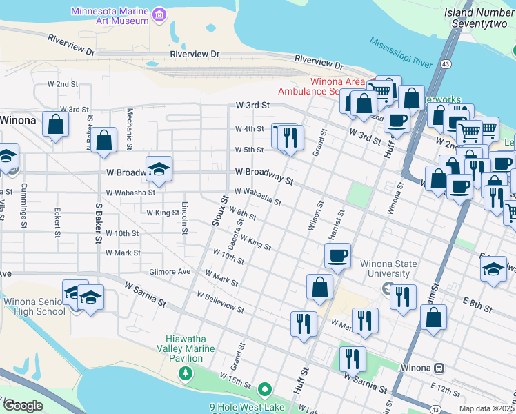 map of restaurants, bars, coffee shops, grocery stores, and more near 515 West Wabasha Street in Winona
