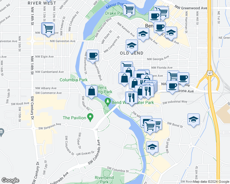 map of restaurants, bars, coffee shops, grocery stores, and more near 99 Northwest Adams Place in Bend