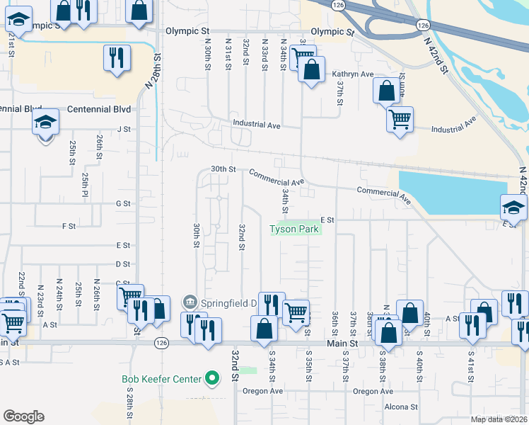 map of restaurants, bars, coffee shops, grocery stores, and more near 625 33rd Street in Springfield