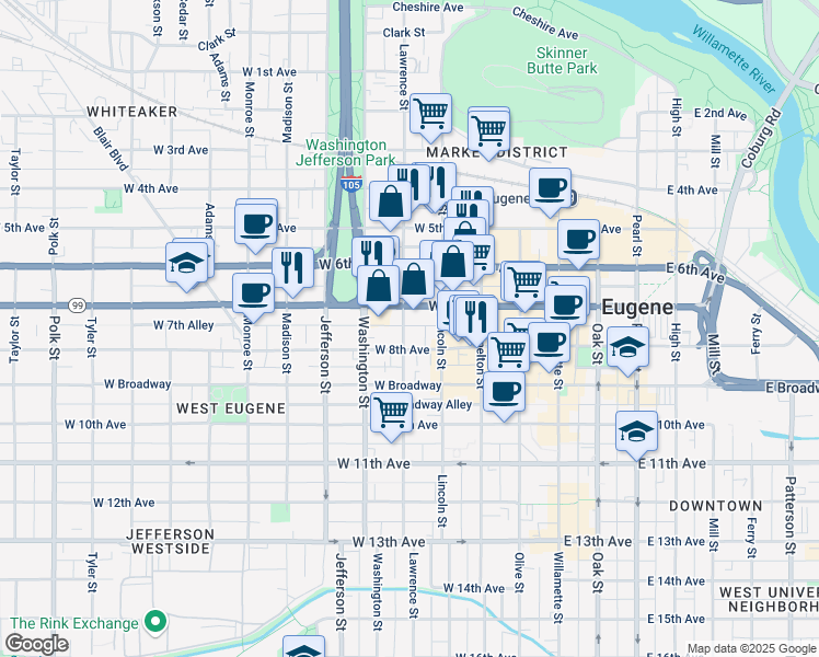 map of restaurants, bars, coffee shops, grocery stores, and more near 700 Lawrence Street in Eugene