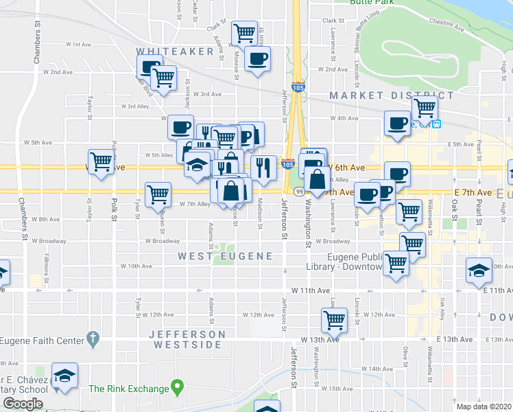 map of restaurants, bars, coffee shops, grocery stores, and more near 730 Madison Street in Eugene
