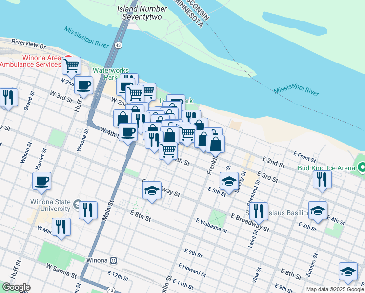 map of restaurants, bars, coffee shops, grocery stores, and more near 114 Walnut Street in Winona