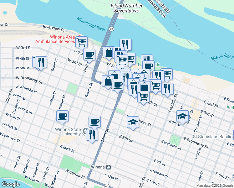 map of restaurants, bars, coffee shops, grocery stores, and more near 128 West 5th Street in Winona