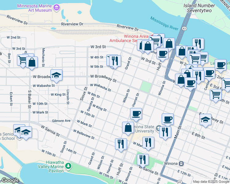 map of restaurants, bars, coffee shops, grocery stores, and more near 476 West Wabasha Street in Winona