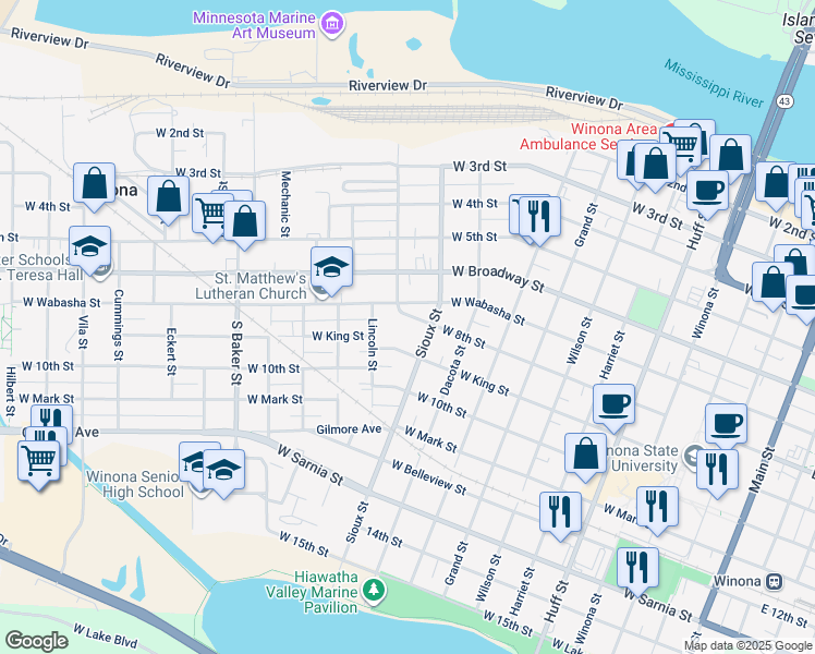 map of restaurants, bars, coffee shops, grocery stores, and more near 627 West Wabasha Street in Winona