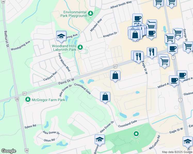 map of restaurants, bars, coffee shops, grocery stores, and more near 225 Harding Park Street in Newmarket