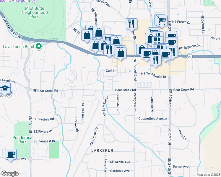 map of restaurants, bars, coffee shops, grocery stores, and more near 61999 Dean Swift Road in Bend