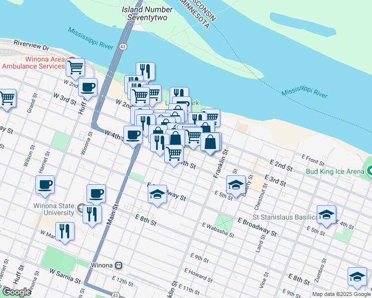 map of restaurants, bars, coffee shops, grocery stores, and more near 123 East 3rd Street in Winona