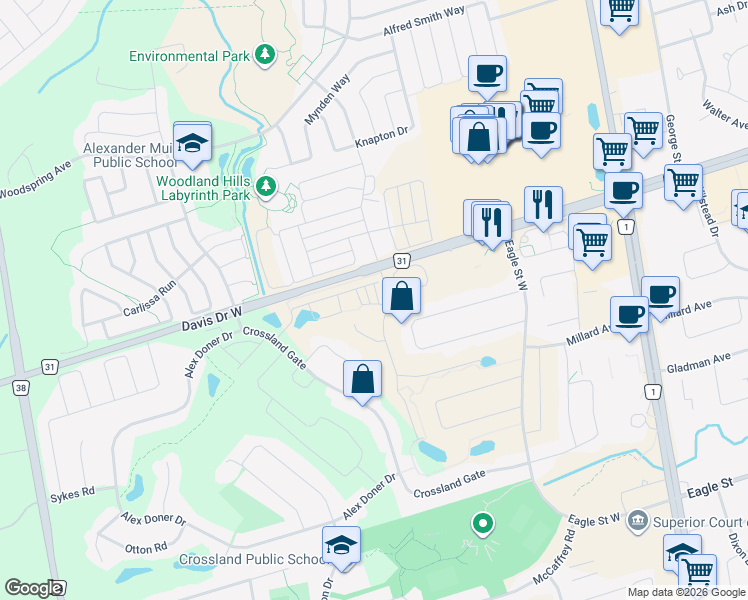 map of restaurants, bars, coffee shops, grocery stores, and more near 81 Dundonald Trail in Newmarket