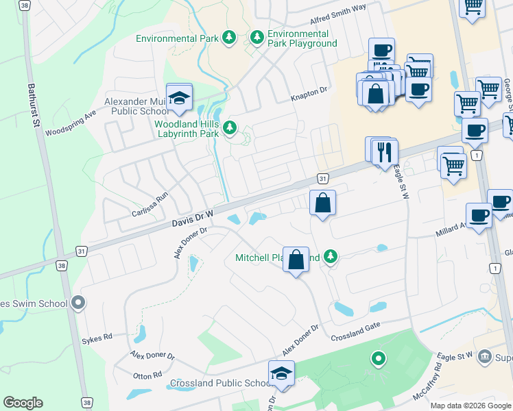 map of restaurants, bars, coffee shops, grocery stores, and more near 187 Harding Park Street in Newmarket