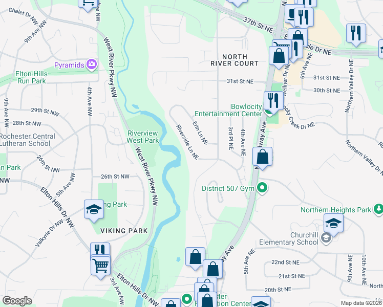 map of restaurants, bars, coffee shops, grocery stores, and more near 2665 Riverside Lane Northeast in Rochester