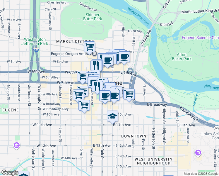 map of restaurants, bars, coffee shops, grocery stores, and more near 125 East 8th Avenue in Eugene
