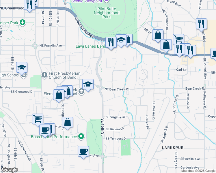 map of restaurants, bars, coffee shops, grocery stores, and more near 131 Northeast McCartney Drive in Bend