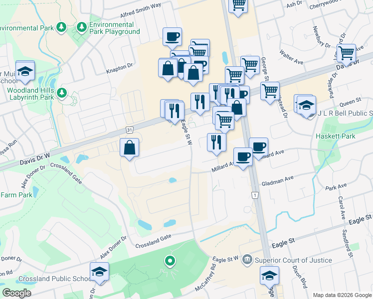 map of restaurants, bars, coffee shops, grocery stores, and more near 108 John Bowser Crescent in Newmarket