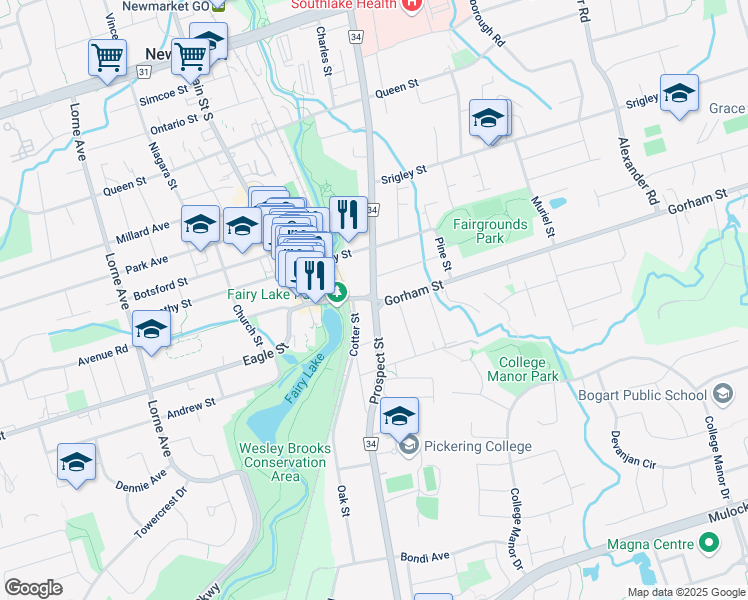 map of restaurants, bars, coffee shops, grocery stores, and more near Prospect St & Water St in Newmarket