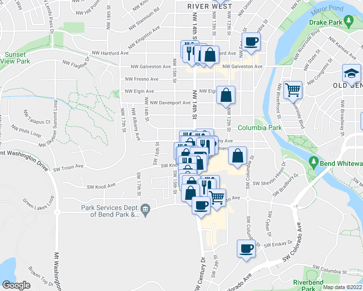 map of restaurants, bars, coffee shops, grocery stores, and more near 1460 Northwest Albany Avenue in Bend