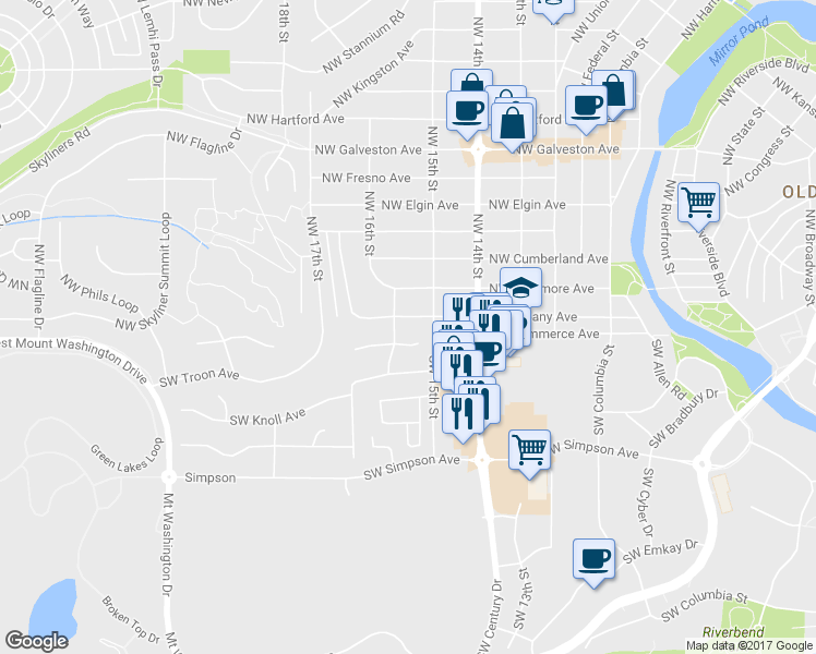 map of restaurants, bars, coffee shops, grocery stores, and more near 1598 Northwest Albany Avenue in Bend